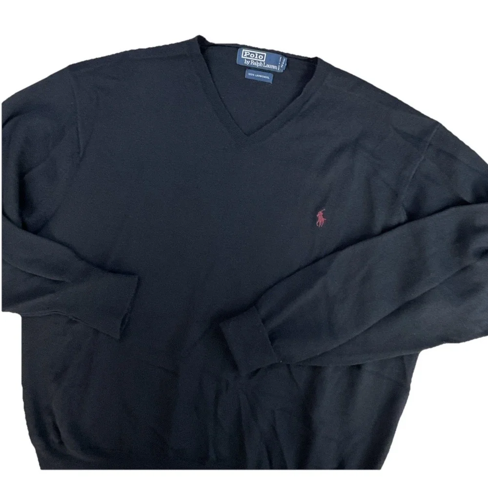 Vintage Polo Ralph Lauren Lambswool‎ V-Neck Sweater Mens XL Navy Blue Pony Knit